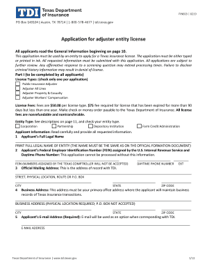 Application for Adjuster Entity License Texas Department of  Form