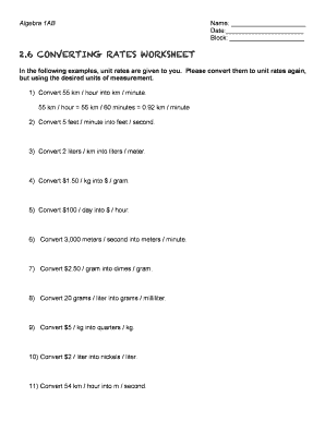 Converting Unit Rates Worksheet PDF  Form