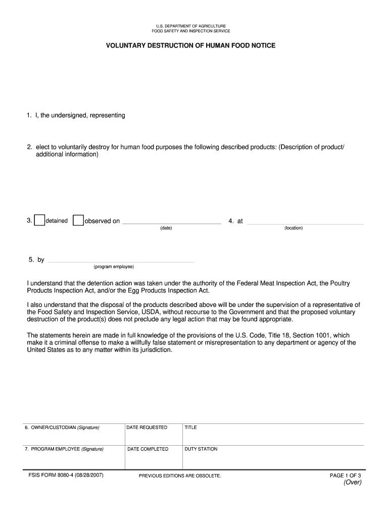 FSIS 8080 4 Voluntary Destruction of Human Food Notice FSIS Form