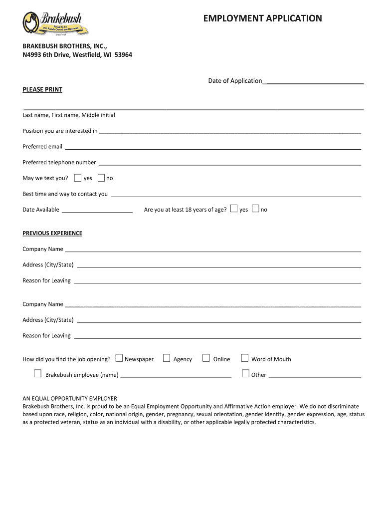 Brakebush Application  Form