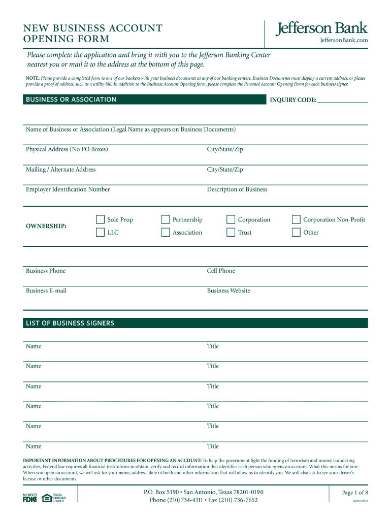  New Business Account Opening Form JeffersonBank 2018-2024