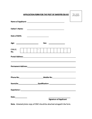 APPLICATION FORM for the POST of SWEEPER BS 01 of