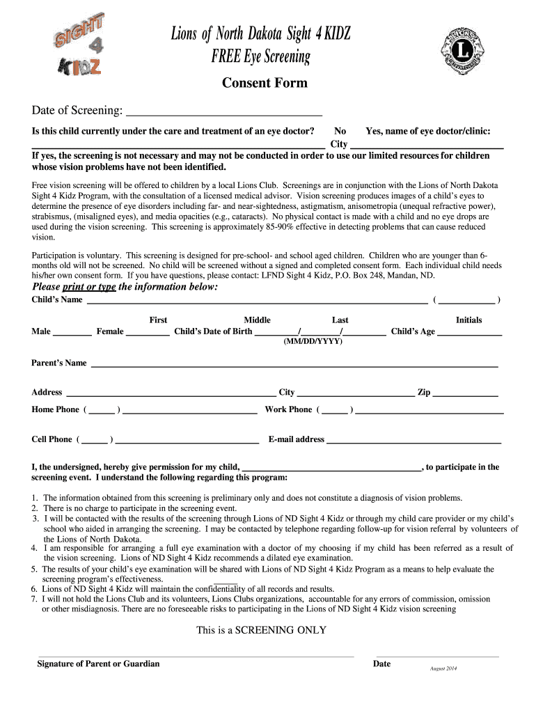 Lions of North Dakota Sight 4 KIDZ Eye Screening  Form