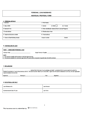 PERSONAL LOAN INSURANCE INDIVIDUAL PROPOSAL FORM