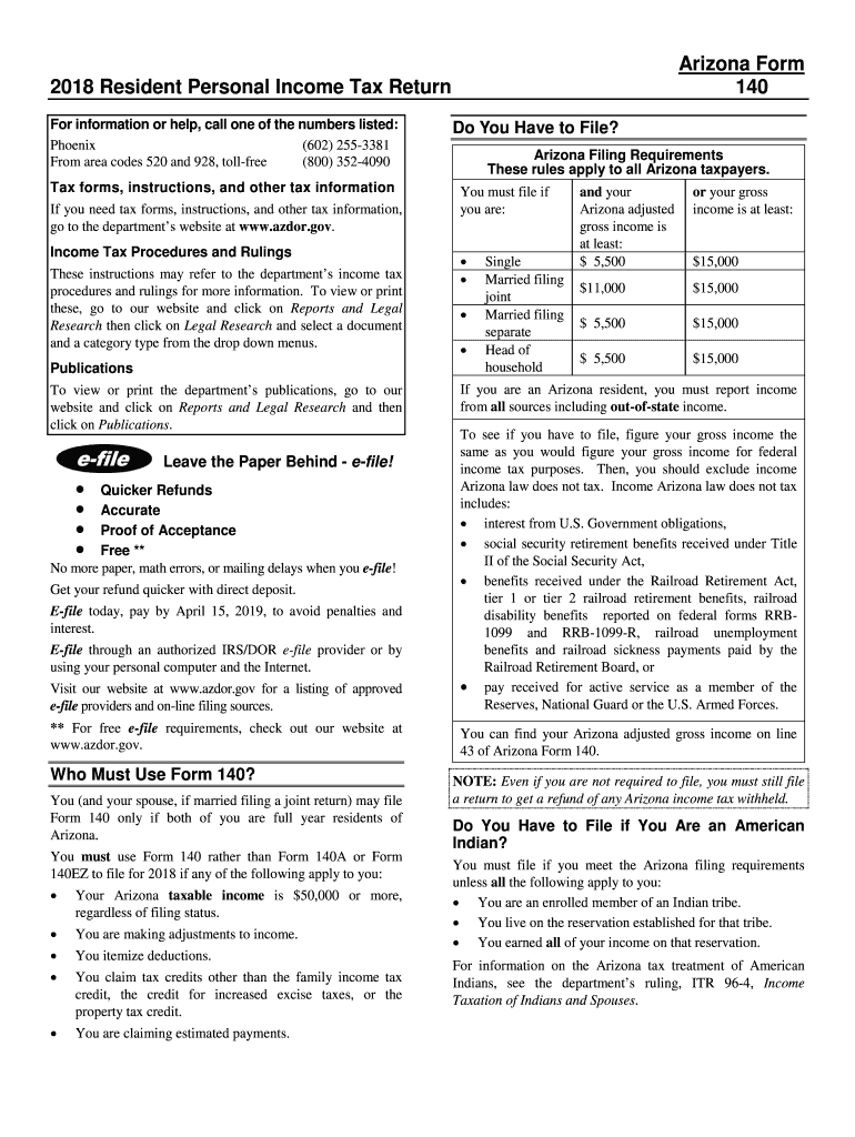  Arizona Instructions Tax Form 2018