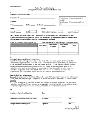  EmployeeVolunteer Information & Waiver Form 2018-2024