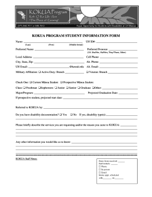 KOKUA PROGRAM STUDENT INFORMATION FORM