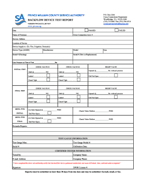 Backflow Device Test Report Prince William County Service Authority  Form