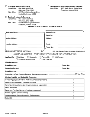 HABITATIONAL LIABILITY APPLICATION GLS APP 16s 9 16  Form