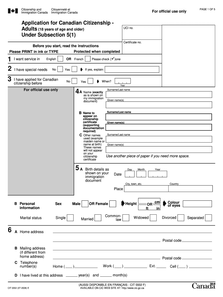  CIT 0002E Kit Application for Canadian Citizenship Adults 18 2008