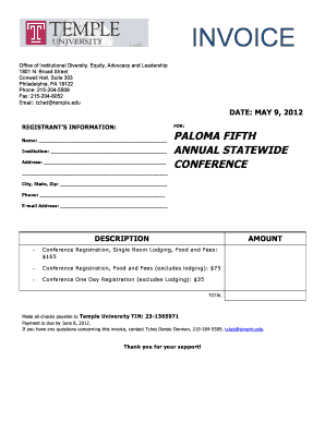 Invoice for Payment Temple University Temple  Form