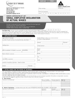 Small Employer Declaration of Actual Wages CGU Insurance  Form