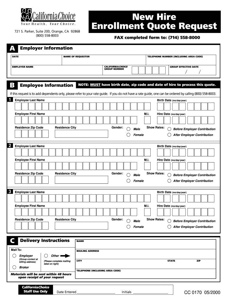 CaliforniaChoice New Hire Enrollment Quote Request CC 0170 2000-2024