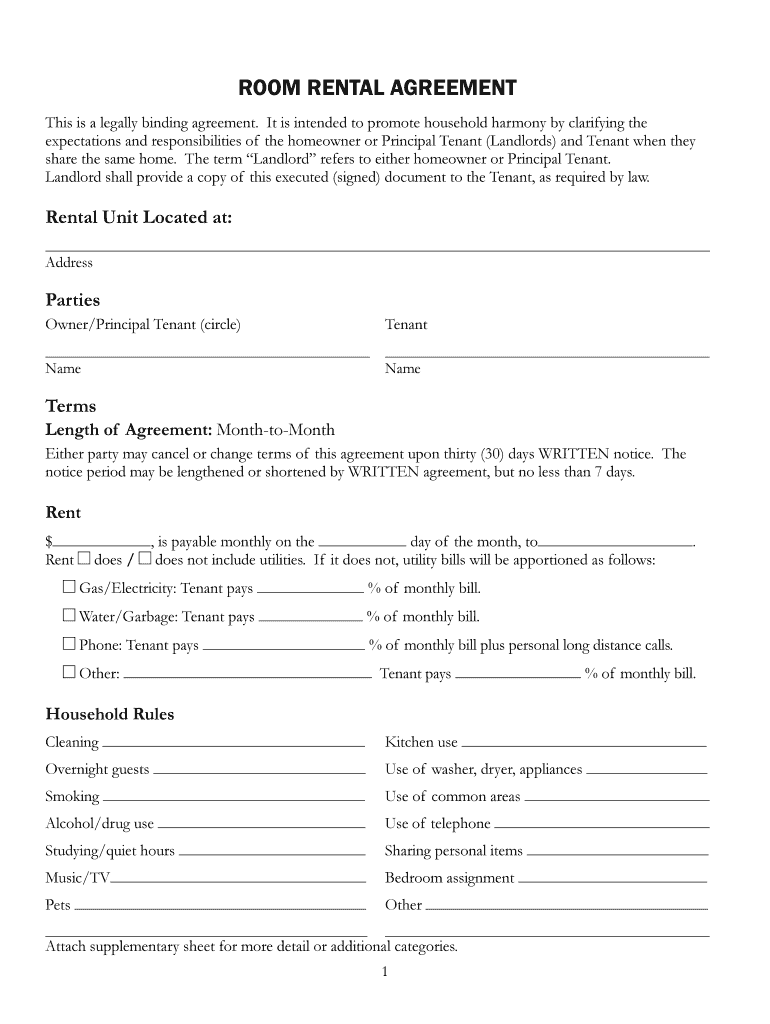 Room Rental Agreement Template  Form