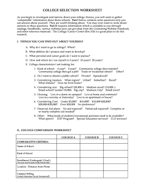 College Selection Worksheet  Form