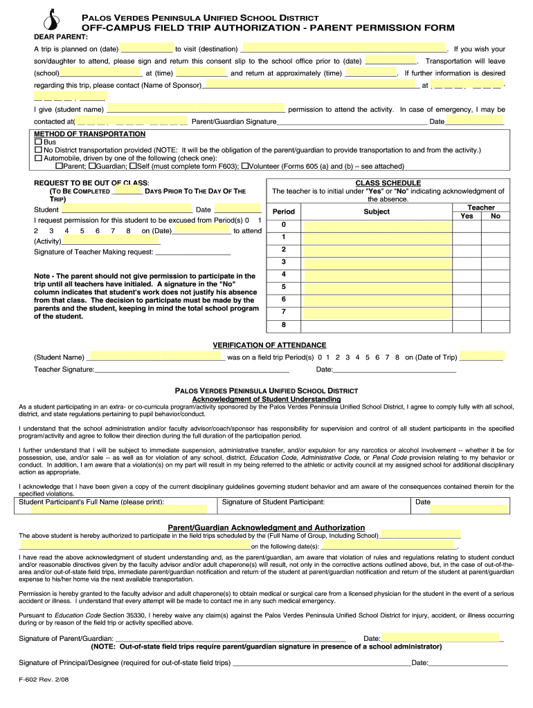 Field Trip Form Palos Verdes Peninsula High School