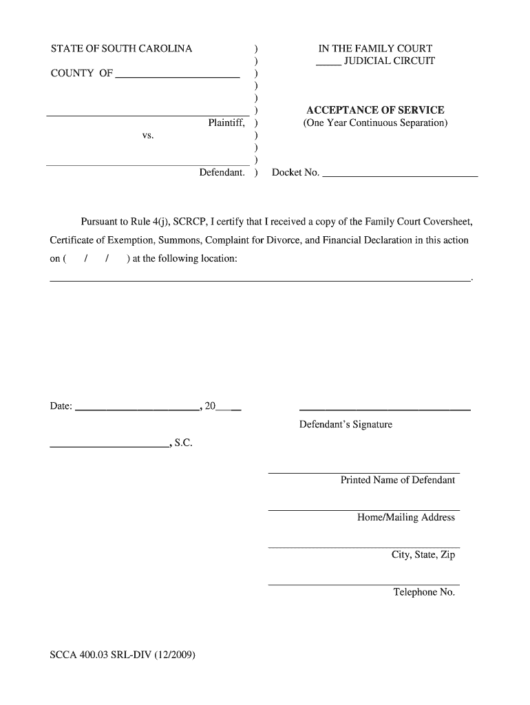 Acceptance of Service SC Judicial Department Judicial State Sc  Form