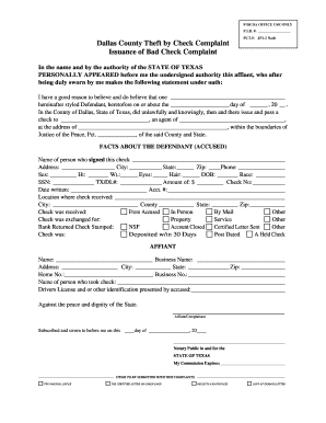 Dallas County Theft by Check Complaint Issuance of Bad Check Dallascounty  Form