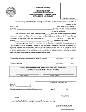 STATE of ARIZONA NOMINATION PAPER AFFIDAVIT of QUALIFICATION  Form
