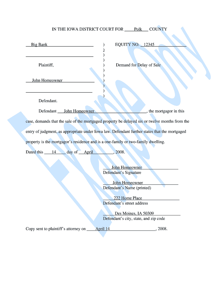 Demand for Delay of Sale Iowa Form