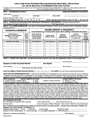 Child Care Food Program &amp; Reduced Price Meal Application Ccswfl  Form