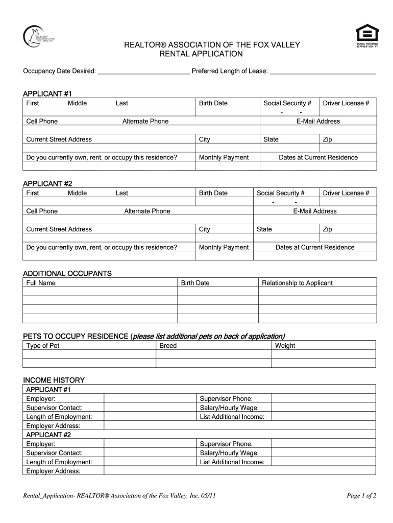  Realtor Association of the Fox Valley Residential Lease Form 2011