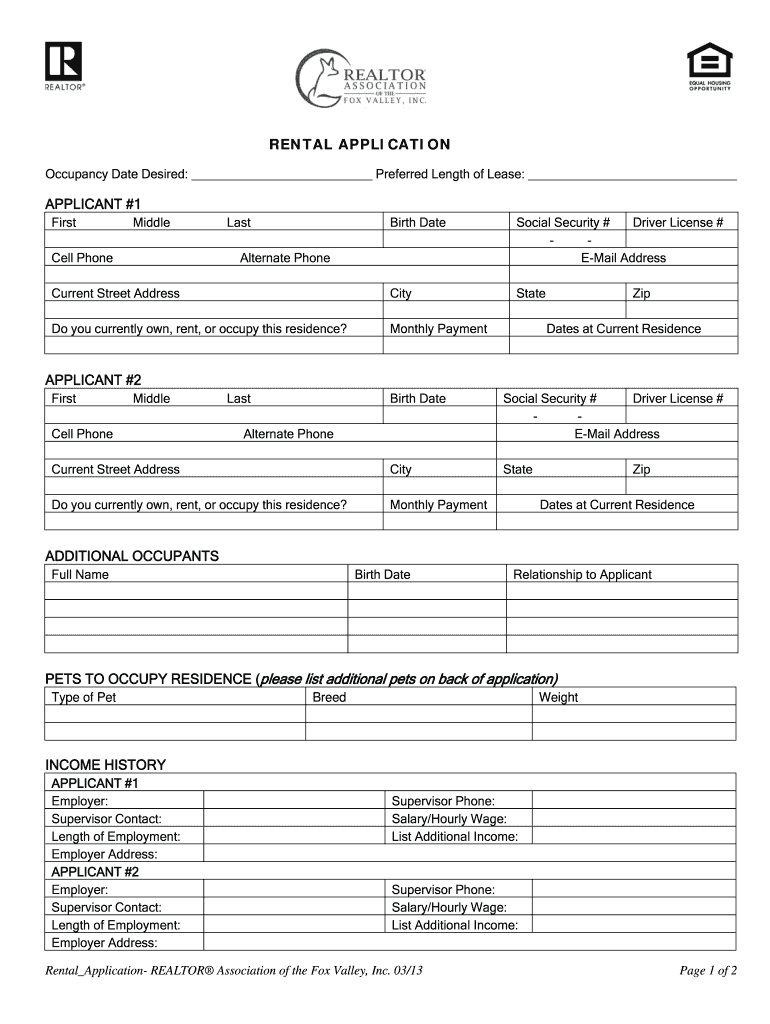  Realtor Association of the Fox Valley Rental Application Form 2013-2024