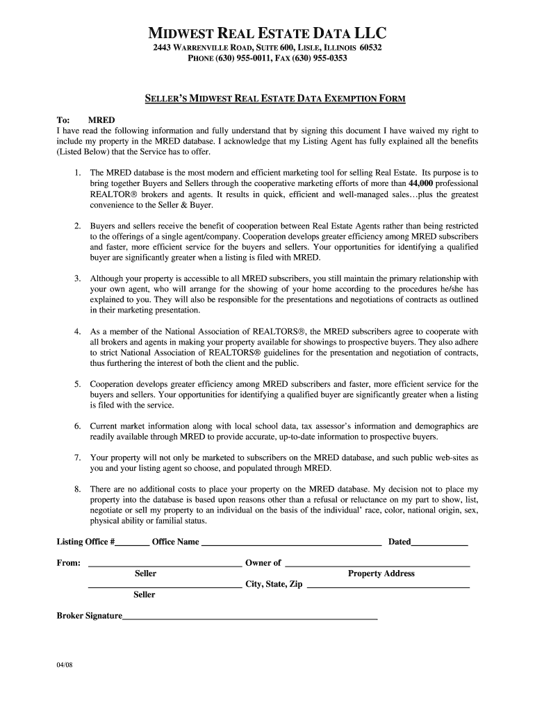  Seller&#39;s MRED Exemption Form 2008-2024