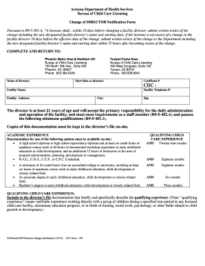 Change of Director Notification Form Arizona Department of Health