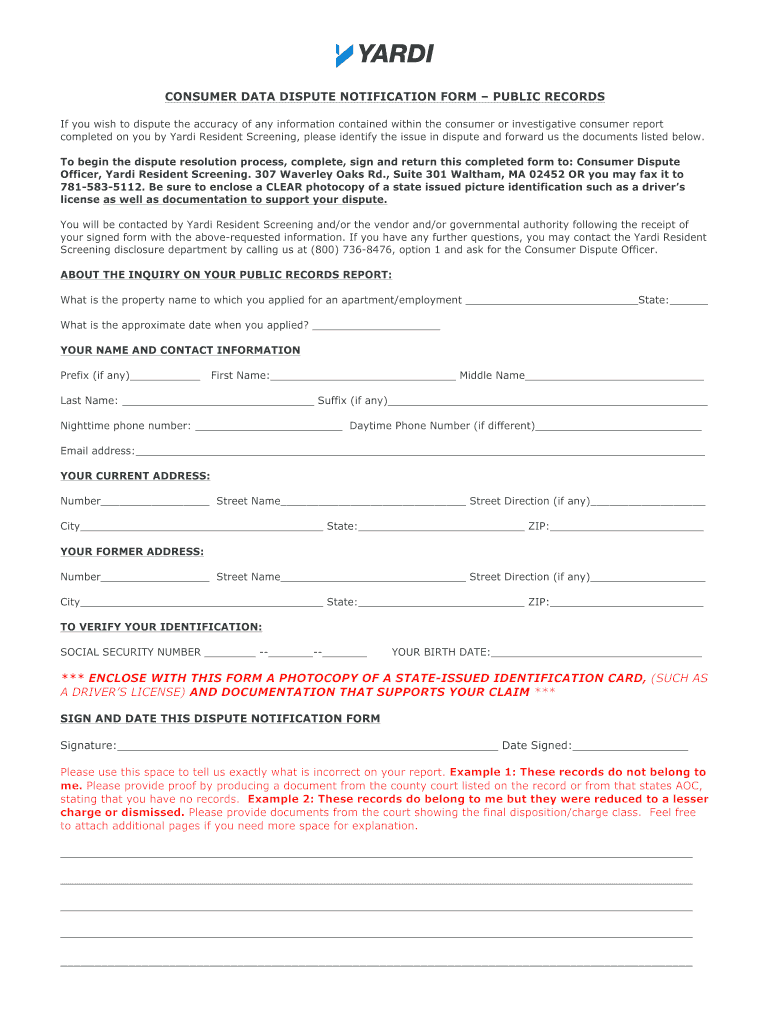 Yardi Rentgrow Dispute Form