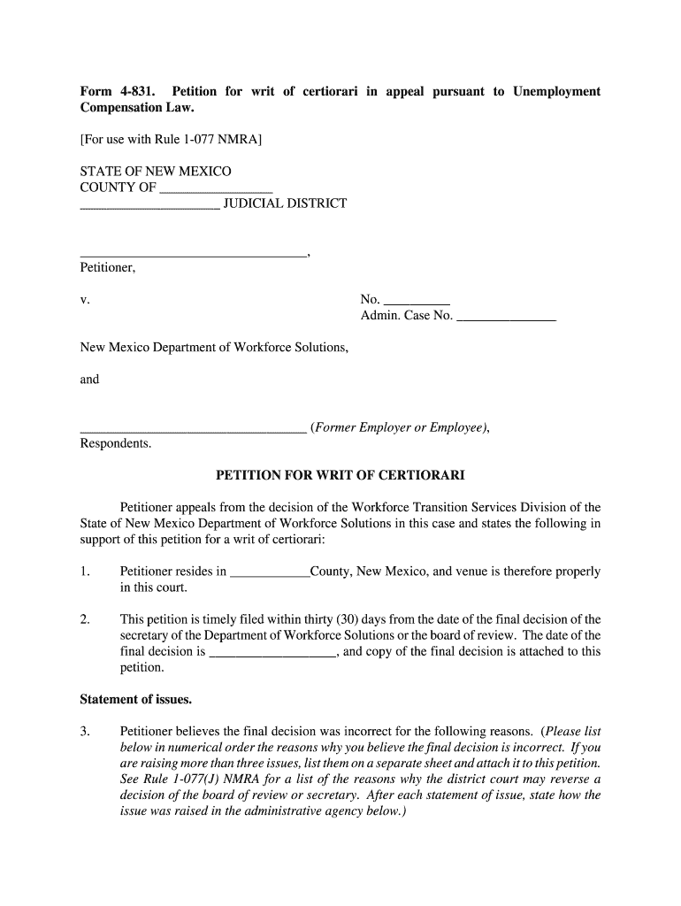 New Mexico Form 4 831 Writ of Certiorari