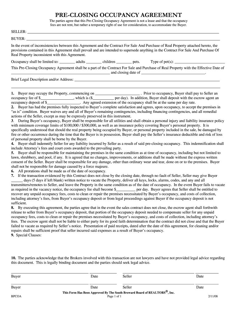  Early Occupancy Agreement 2008-2024