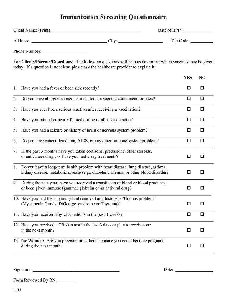 Sample Questionnaire on Immunization  Form