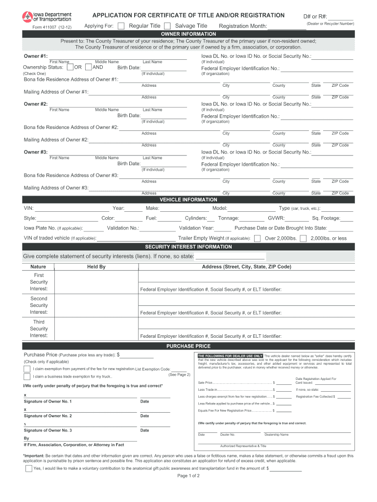  Iowa Vehicle Registration Form 2012-2024