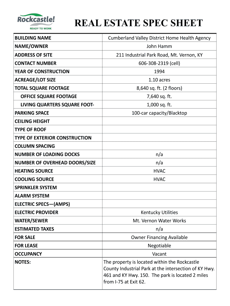 Real Estate Spec Sheet  Form