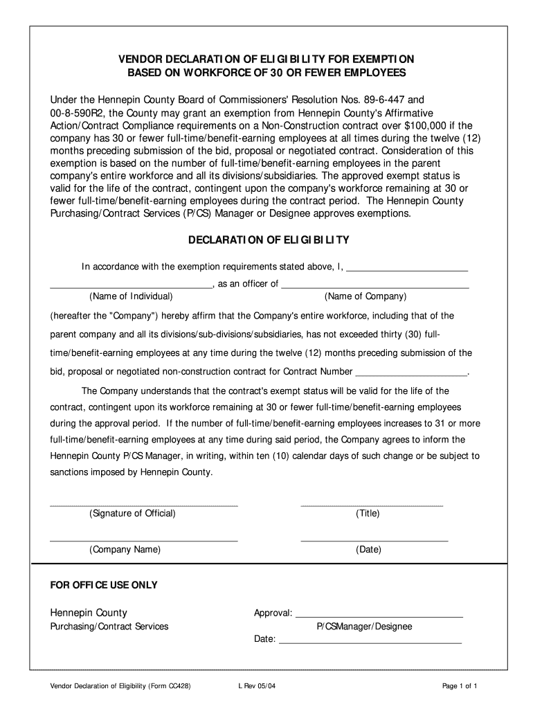  VENDOR DECLARATION of ELIGIBILITY  Hennepin 2004-2024