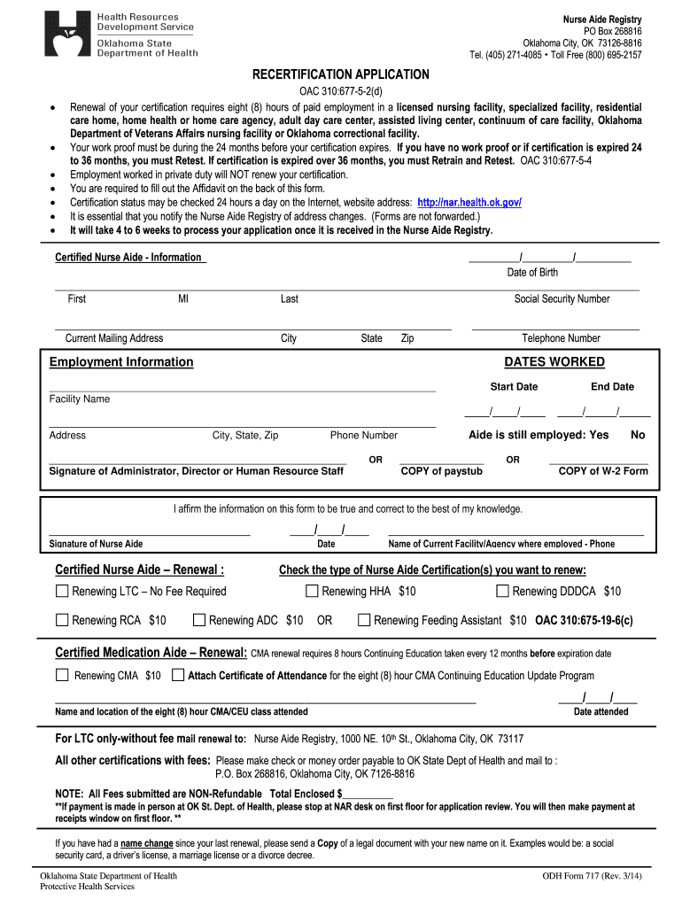 Recertification Application ODH Form 717 State of Oklahoma Ok