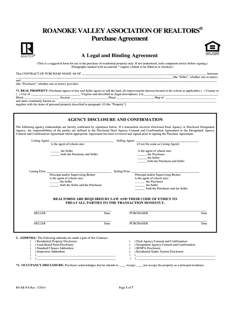  Roanoke Realtor Purchase Agreement  Form 2014