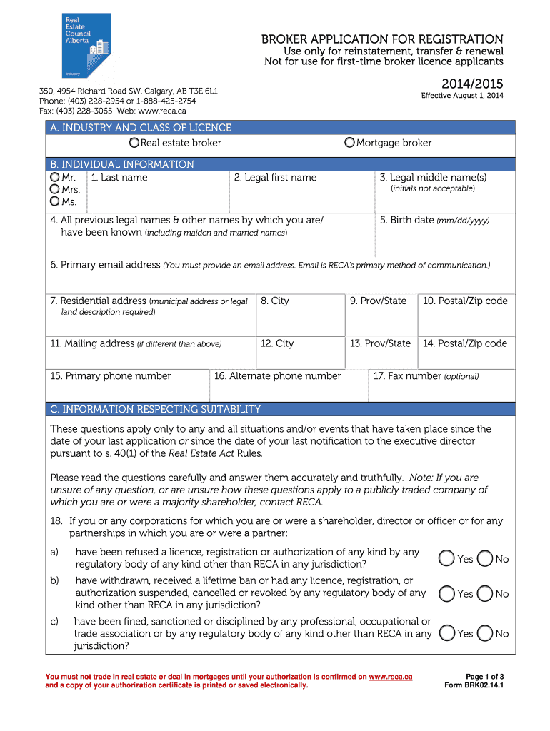 Broker Application for Registration  Real Estate Council of Alberta  Reca  Form