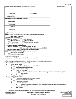 PLD PI 001 COMPLAINT Personal Injury, Property Damage Tjsl  Form