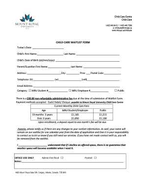 CHILD CARE WAITLIST FORM Mount Royal University