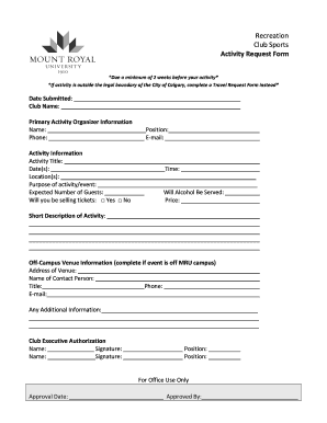 Recreation Club Sports Activity Request Form