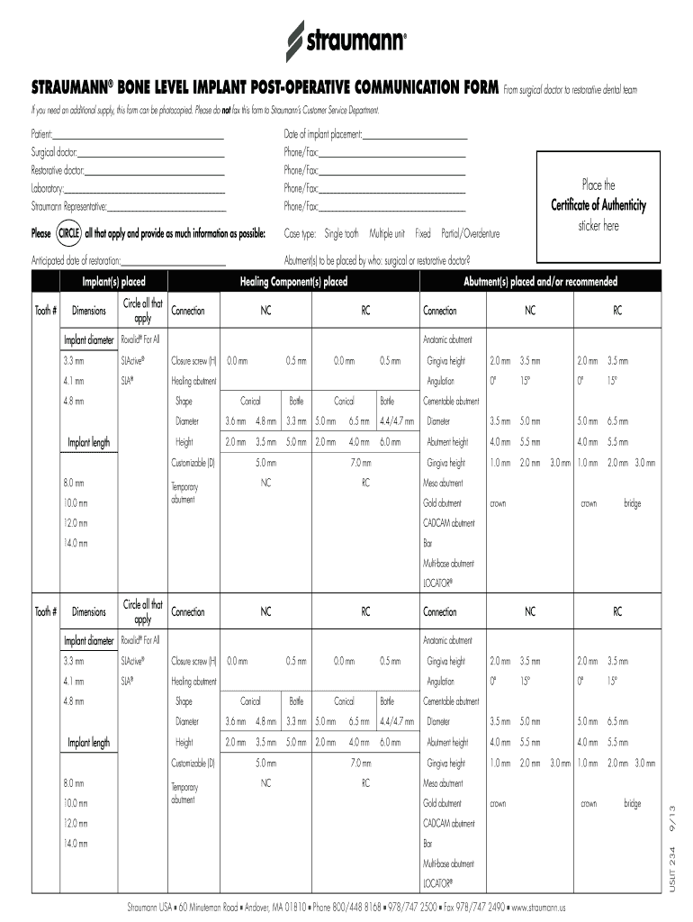  Straumann Tissue Level Communication Form 2013-2024