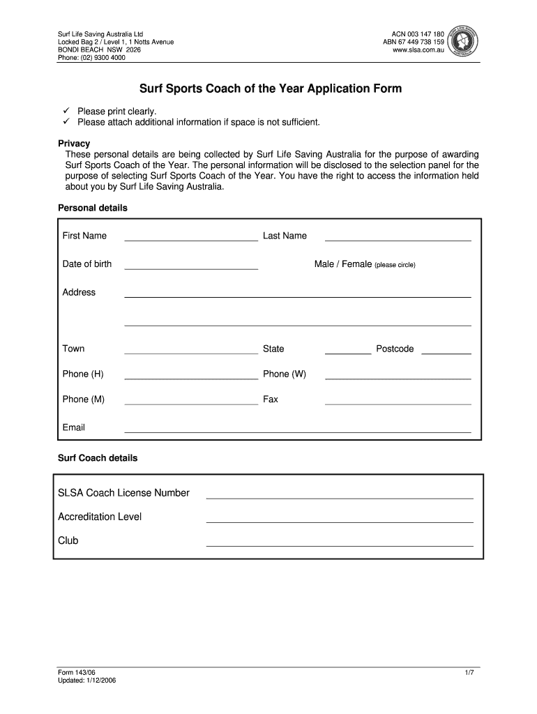 Surf Sports Coach of the Year Application Form Surflifesaving Sportal Com 2006-2025