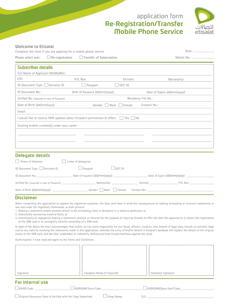 Application Form Re RegistrationTransfer Mobile Phone Service