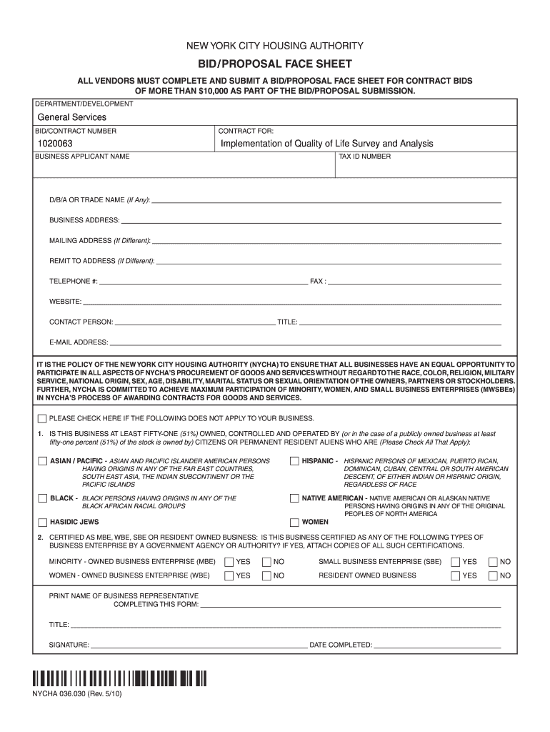 Nycha 036030 Proposal Face Sheet Blank  Form