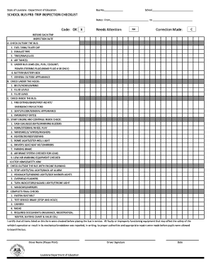 SCHOOL BUS PRE TRIP INSPECTION CHECKLIST Code OK Needs  Form