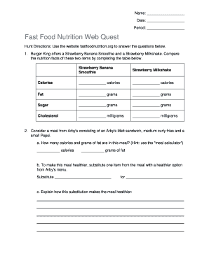 Fast Food Nutrition Web Quest Answers  Form