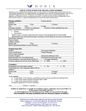 APPLICATION FORM for TRANSLATION SUBSIDY Norla