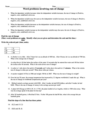 Word Problems Involving Rate of Change Answer Key PDF  Form